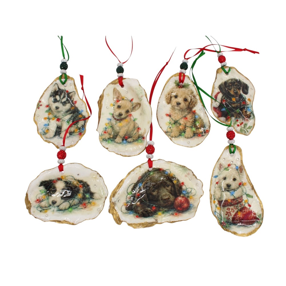 Christmas Puppy Decoupage Oyster Shell Ornaments Set of 7 Rhinestone Crystals